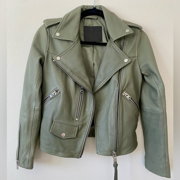 AllSaints Darnley Leather Biker Jacket Sage Green - Picture 5 of 10